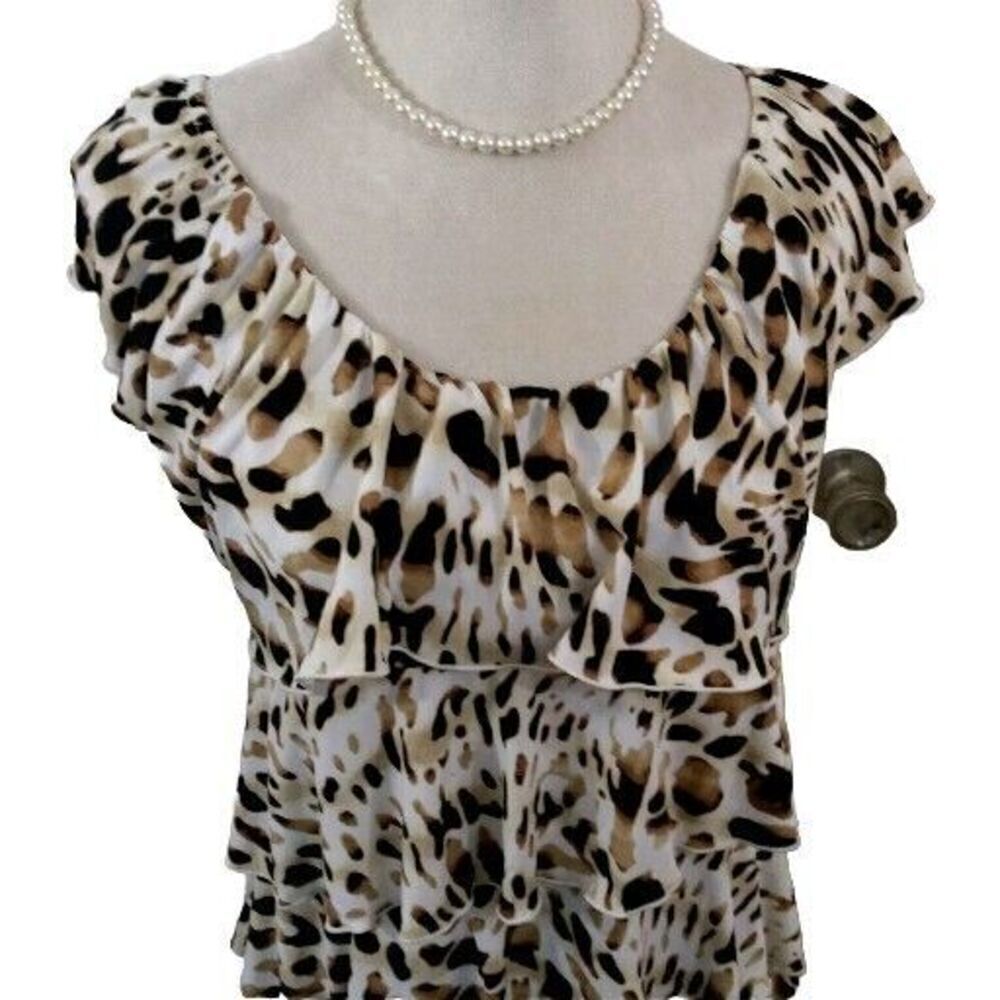 Milano Womens Small Top Leopard Print Pullover Sleeveless Stretchy Ruffle Animal - Picture 4 of 8